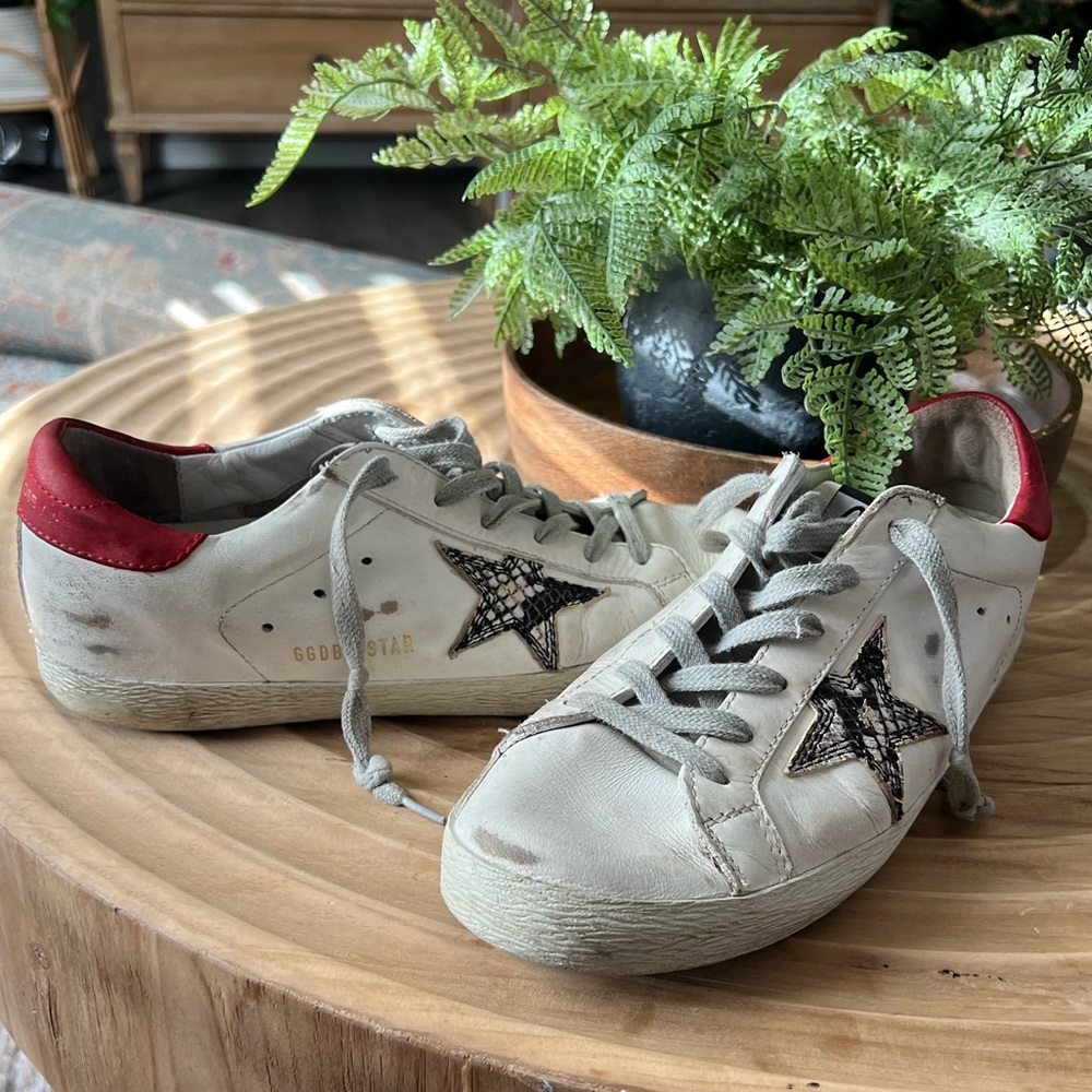 Golden goose superstars with snakeskin detail & red heel
